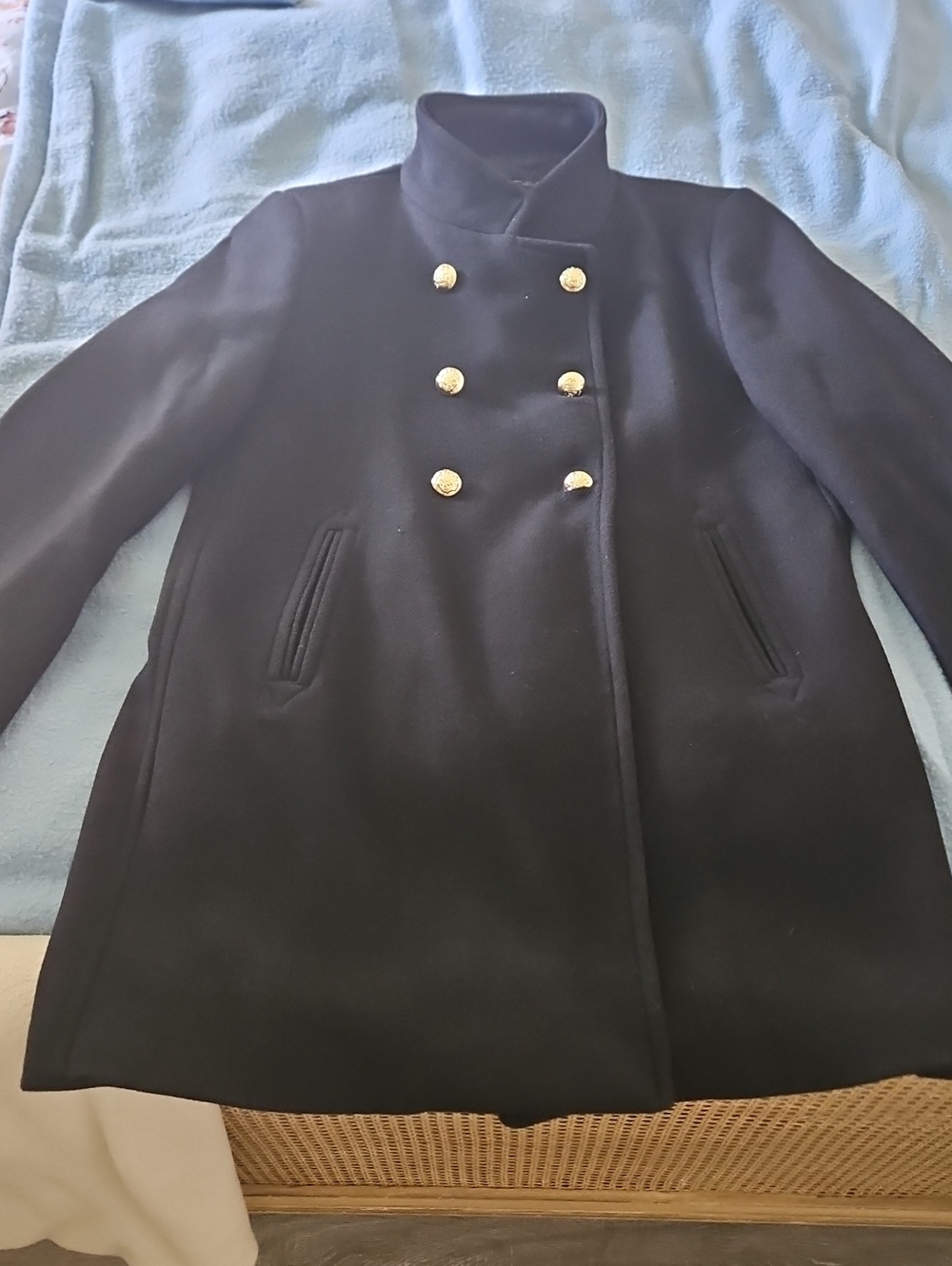 Zara Black Double-Breasted Pea Coat with Gold Buttons SZ L
